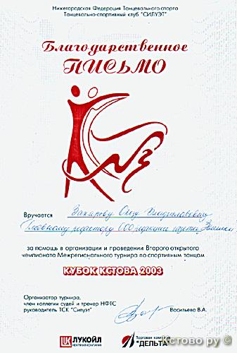 Благодарственное письмо Нижегородской федерации танцевального спорта
